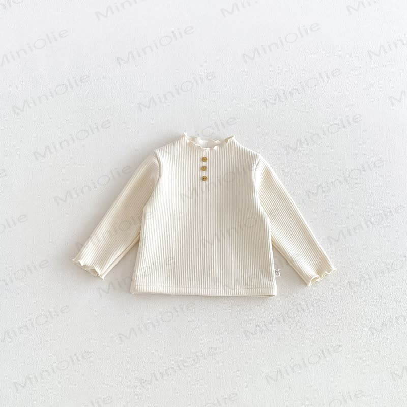 Baby Toddler Girl Fleece Ribbed Button Front Long Sleeve T-Shirt - Beige - 6-7T - image 2
