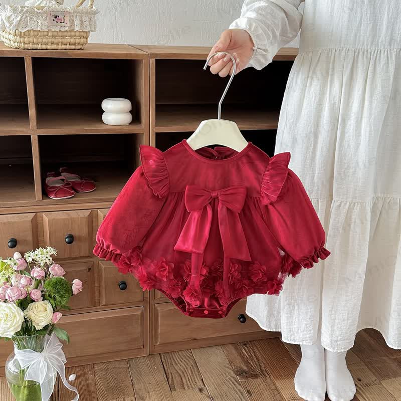 Baby Girl Bow Ruffle Red Dress Bodysuit - image 3