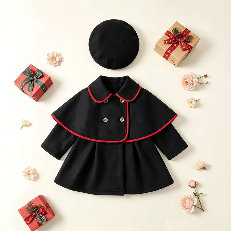Baby Girl Christmas Cape Doll Collar Outerwear with Hat - Black - 3-4Y - image 1