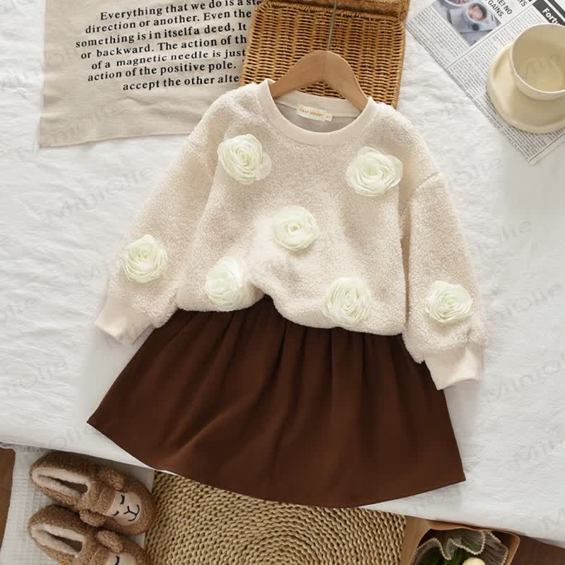 Toddler Girl Bow Accent Knit Top and Skirt Set - Beige Flower - 7Y - image 3