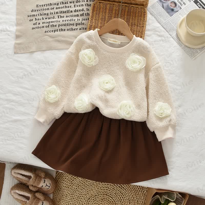 Toddler Girl Bow Accent Knit Top and Skirt Set - Beige Flower - 7Y - image 3