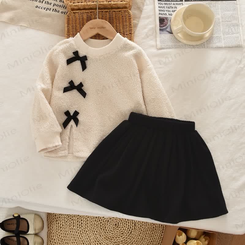 Toddler Girl Bow Accent Knit Top and Skirt Set - Beige - 7Y - image 4
