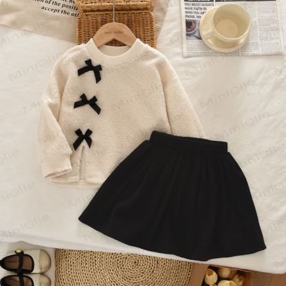 Toddler Girl Bow Accent Knit Top and Skirt Set - Beige - 7Y - image 4