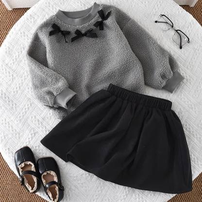 Toddler Girl Bow Accent Knit Top and Skirt Set - Gray - 7Y - image 5
