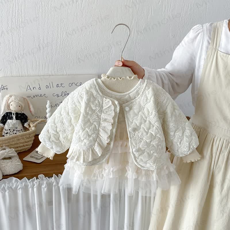 Baby Floral Quilted Ruffle Trim Jacket Or Beige Shirt Or Beige Sleeveless Dress - image 1