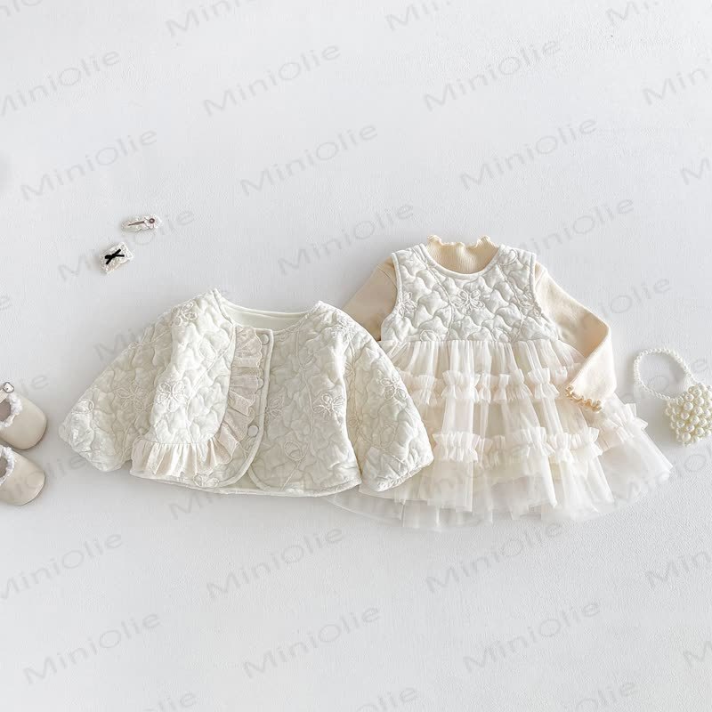 Baby Floral Quilted Ruffle Trim Jacket Or Beige Shirt Or Beige Sleeveless Dress - image 5