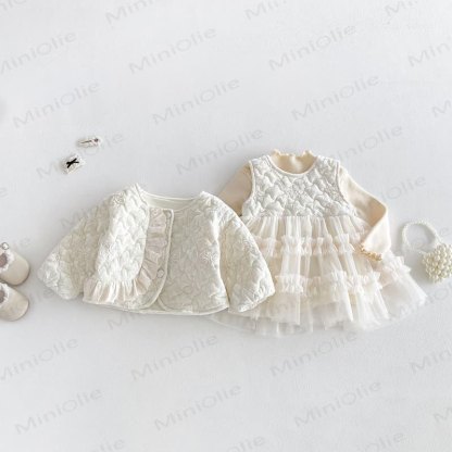 Baby Floral Quilted Ruffle Trim Jacket Or Beige Shirt Or Beige Sleeveless Dress - image 5