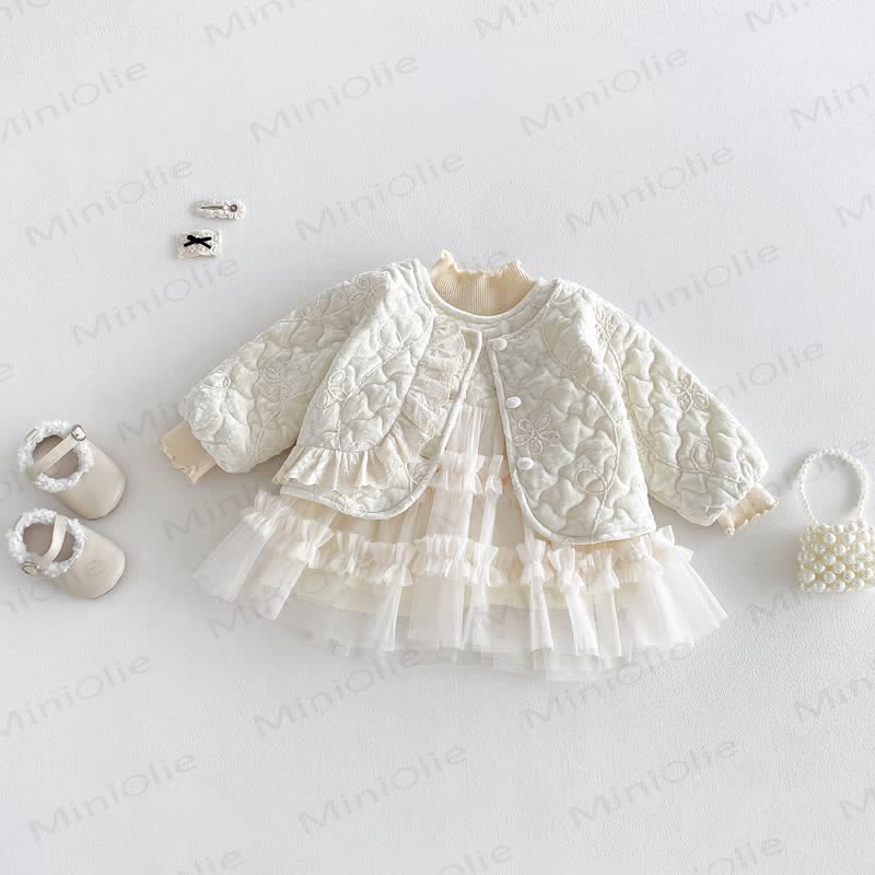 Baby Floral Quilted Ruffle Trim Jacket Or Beige Shirt Or Beige Sleeveless Dress - image 7