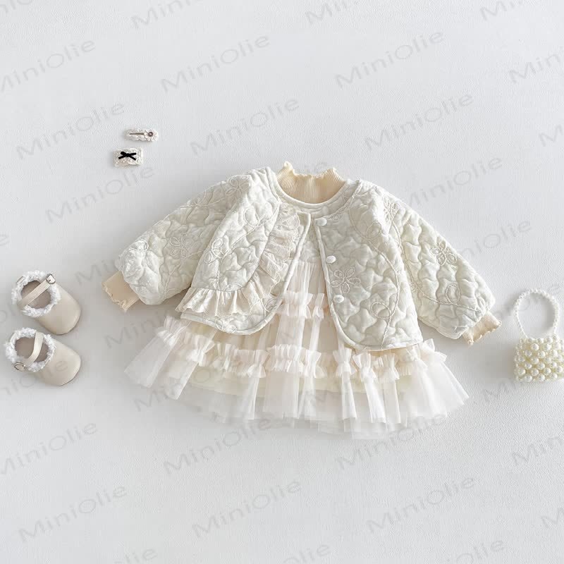 Baby Floral Quilted Ruffle Trim Jacket Or Beige Shirt Or Beige Sleeveless Dress - image 7