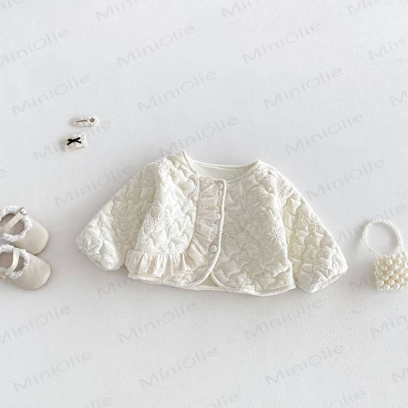 Baby Floral Quilted Ruffle Trim Jacket Or Beige Shirt Or Beige Sleeveless Dress - Outerwear - 2-3T - image 4
