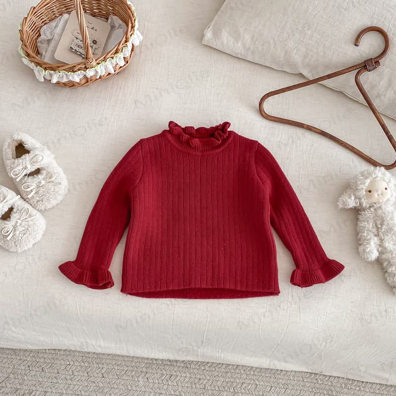 Baby Fleece Ruffle Mock Neck Ribbed Sweater - Red - 2-3T - image 2