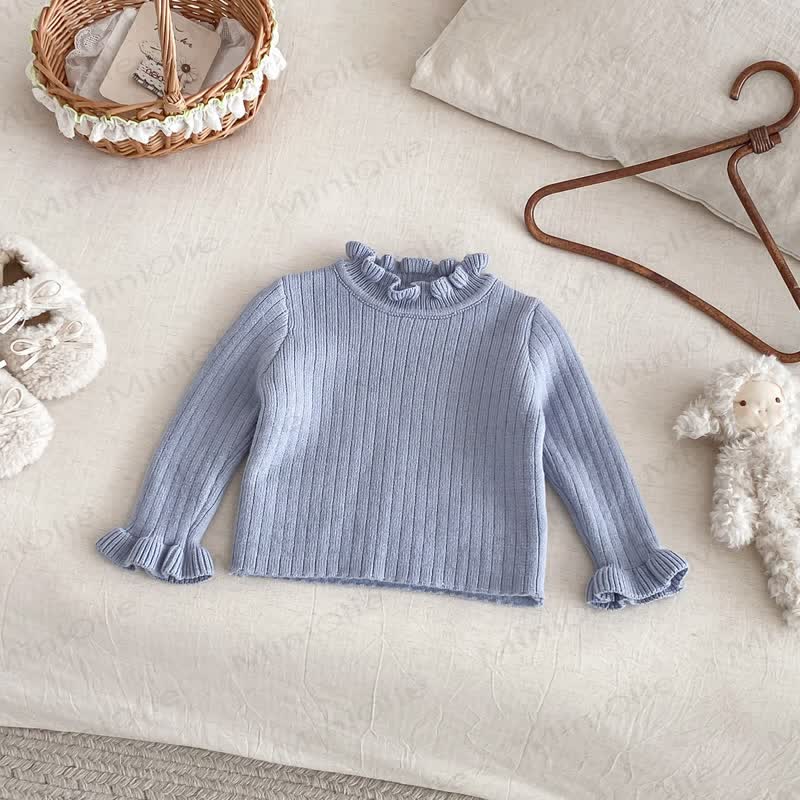 Baby Fleece Ruffle Mock Neck Ribbed Sweater - Blue - 2-3T - image 9