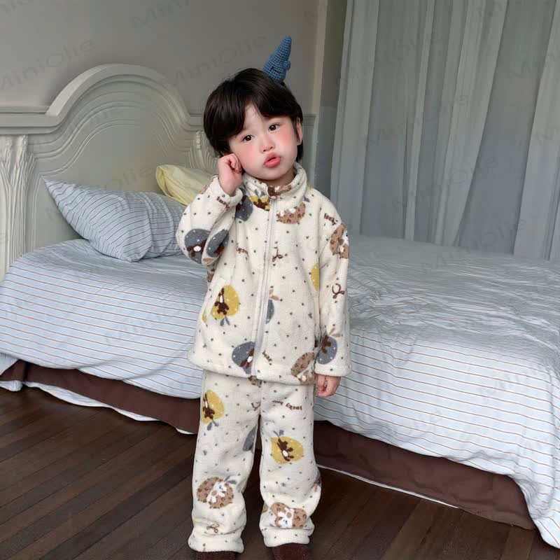 Toddler Winter Colorful Cartoon Zip Fleece Long-sleeve Set - White - 8-9T - image 3