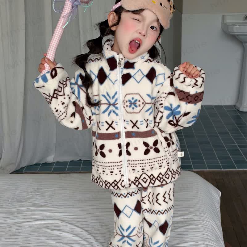 Toddler Winter Colorful Cartoon Zip Fleece Long-sleeve Set - Beige - 8-9T - image 5