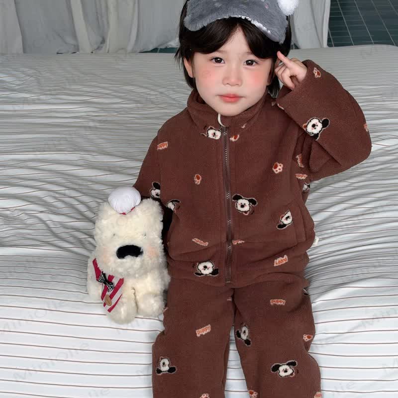 Toddler Winter Colorful Cartoon Zip Fleece Long-sleeve Set - Brown - 8-9T - image 2
