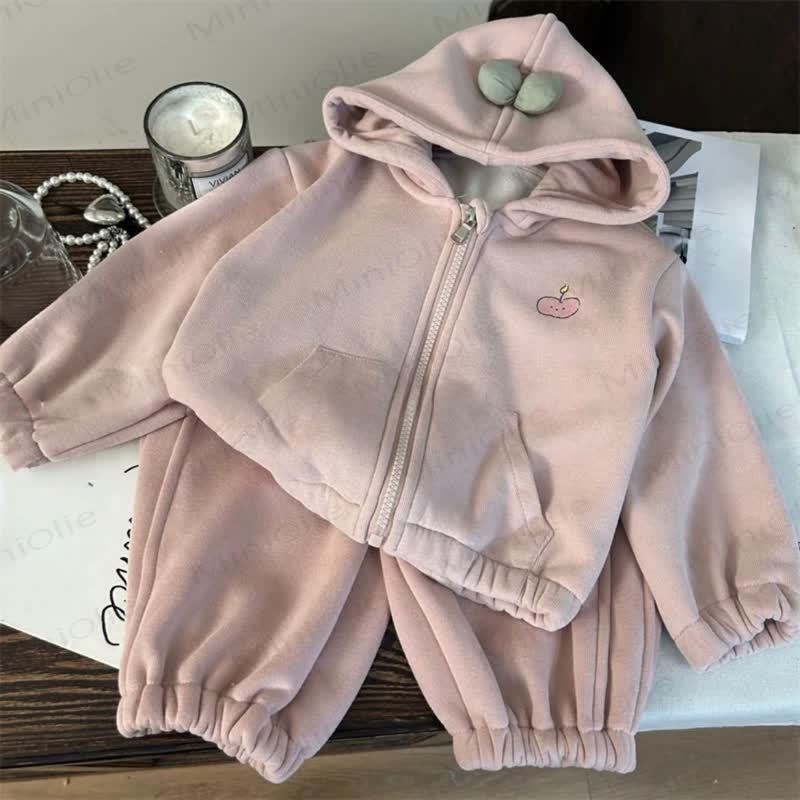 Toddler Girl Cute Apple Print Fleece Bow Hoodie Pink Set - Pink - 8-9T - image 1