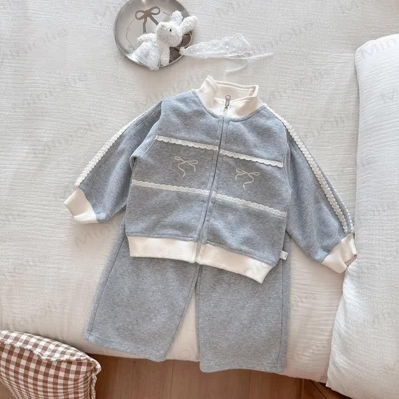 Toddler Girl Bow Zip Jacket and Pants 2-piece Set - Gray - 8-9T - image 2