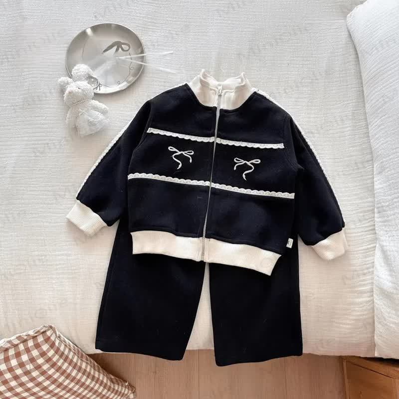 Toddler Girl Bow Zip Jacket and Pants 2-piece Set - Black - 8-9T - image 3