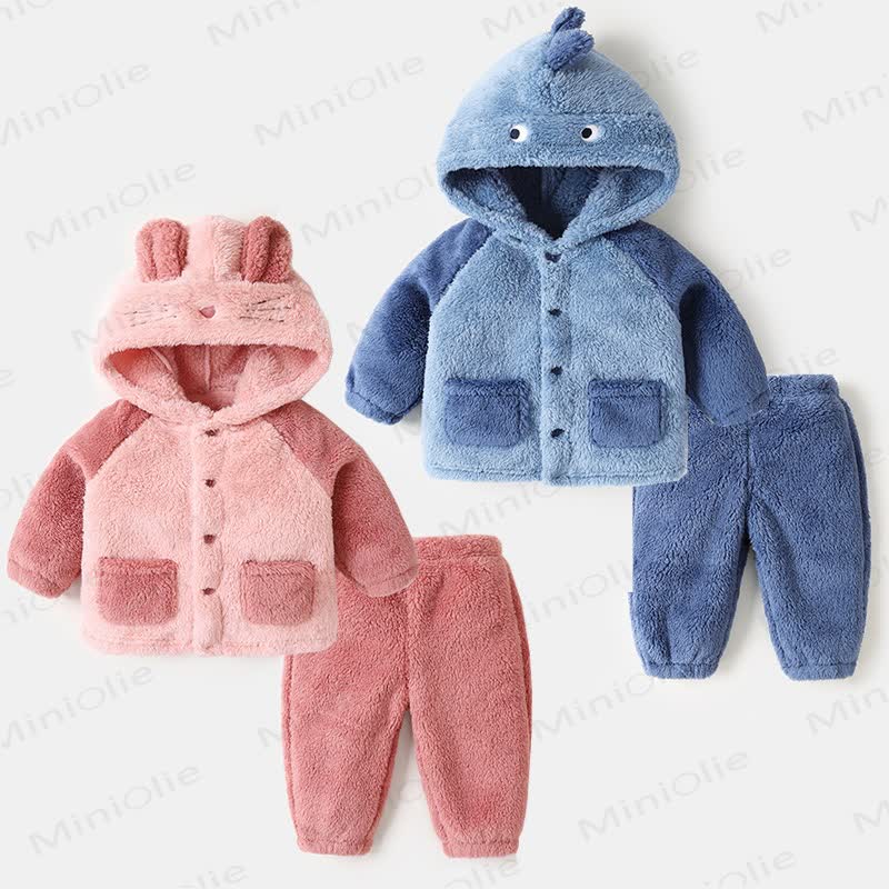 Baby Plush Animal Hooded Jacket and Pants 2-piece Pyjama Set - image 1