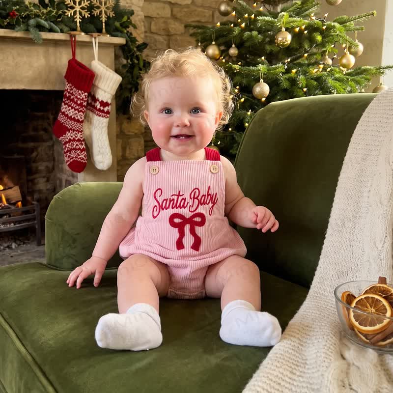 SANTA BABY Baby Girl Bow Ribbed Corduroy Pink  Bodysuit - image 2