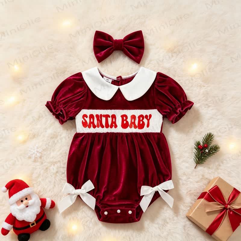 SANTA BABY Red Christmas Bow Dress Bodysuit with Hair Bow Clip - Red - 2-3T - image 1