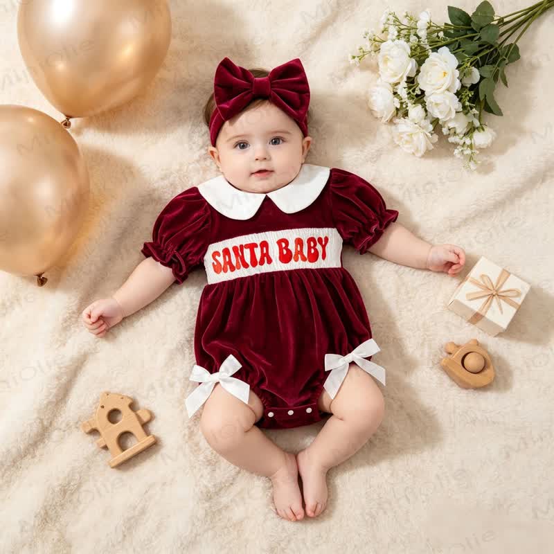 SANTA BABY Red Christmas Bow Dress Bodysuit with Hair Bow Clip - image 2