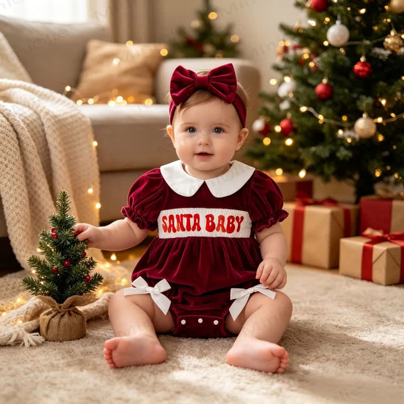 SANTA BABY Red Christmas Bow Dress Bodysuit with Hair Bow Clip - image 3