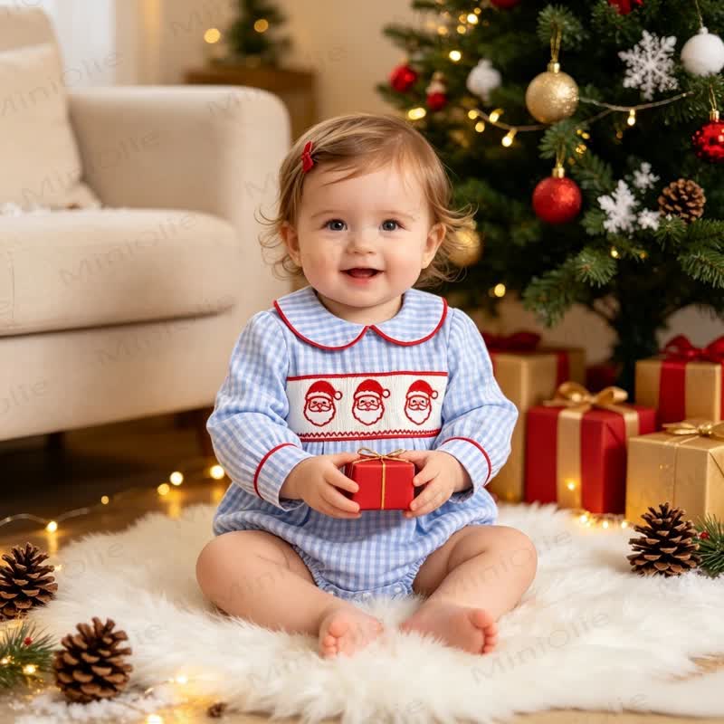 Baby Blue Gingham Santa Print Long-Sleeve Bodysuit - image 2