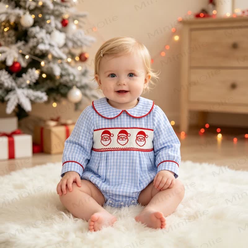 Baby Blue Gingham Santa Print Long-Sleeve Bodysuit - image 3