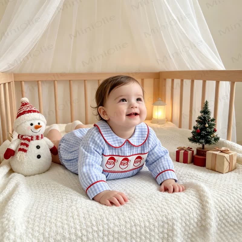 Baby Blue Gingham Santa Print Long-Sleeve Bodysuit - image 4
