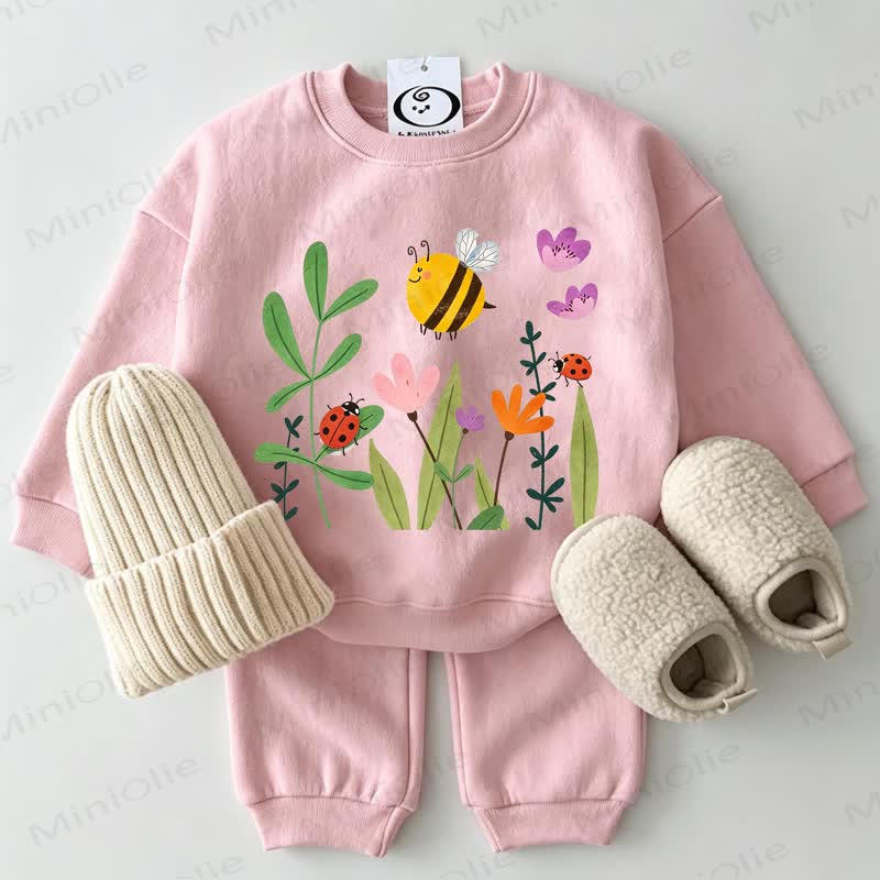 Baby Flower Bee Butterfly Sweatshirt 2-piece Pink Set - Pink - 2-3T - image 1