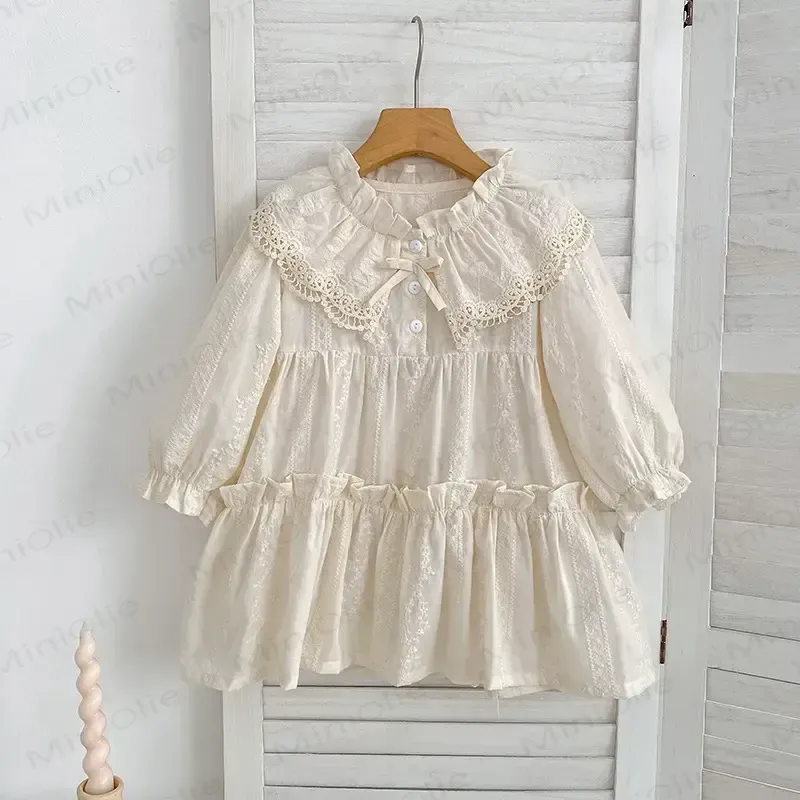 Toddler Girl Bow Lace Collar Long Sleeve Dress - Beige - 8-9T - image 8