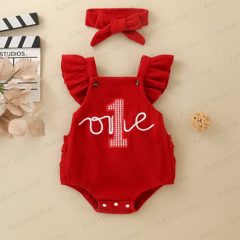 1 ONE Baby Girl Ribbed Corduroy Ruffle Suspender Birthday Bodysuit With Bow Headband - Red - 12-18M - image 1