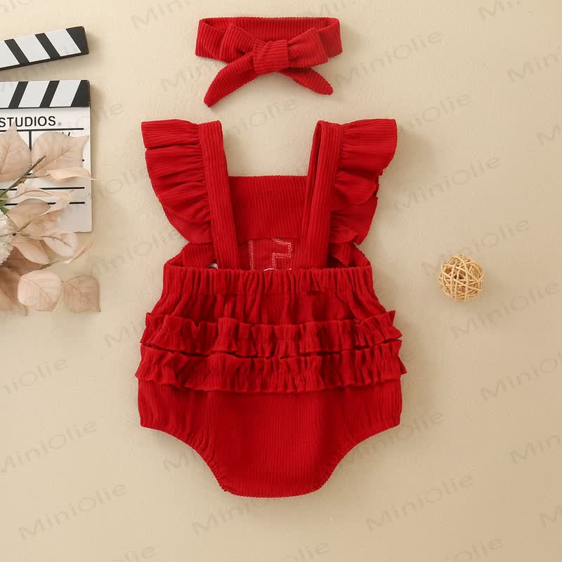 1 ONE Baby Girl Ribbed Corduroy Ruffle Suspender Birthday Bodysuit With Bow Headband - image 2