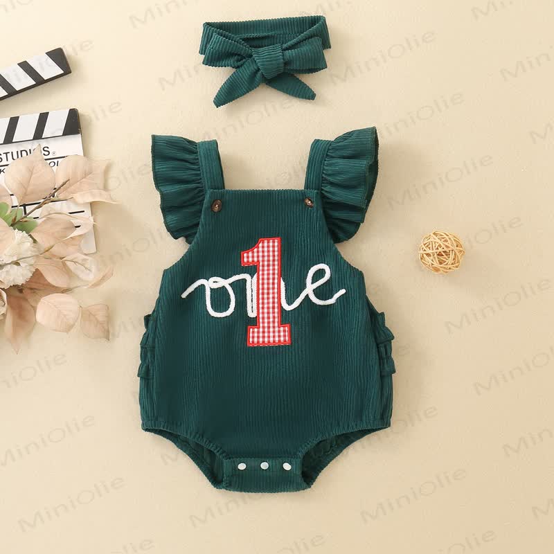 1 ONE Baby Girl Ribbed Corduroy Ruffle Suspender Birthday Bodysuit With Bow Headband - Dark Green - 12-18M - image 6