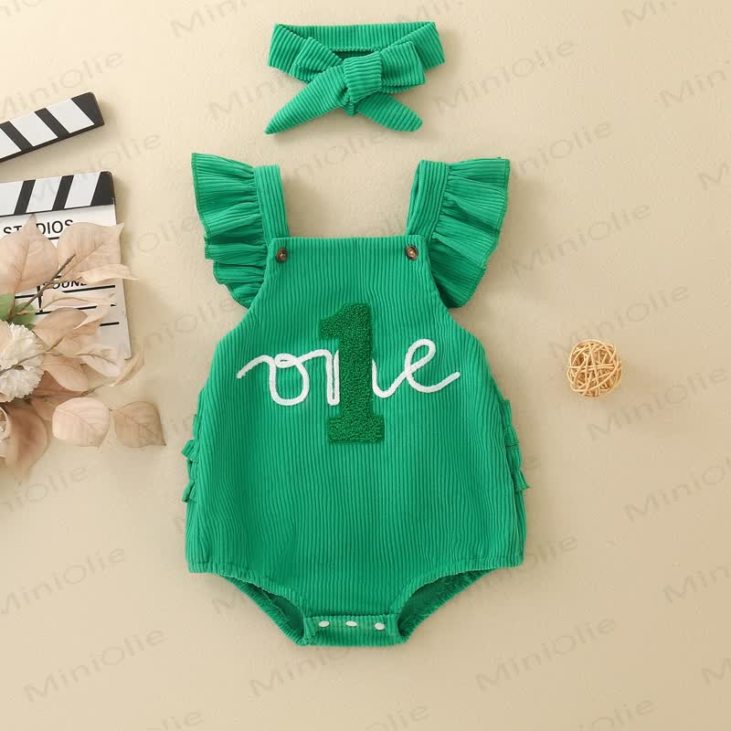 1 ONE Baby Girl Ribbed Corduroy Ruffle Suspender Birthday Bodysuit With Bow Headband - Green - 12-18M - image 11