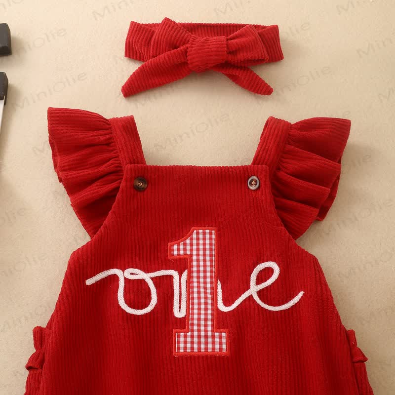 1 ONE Baby Girl Ribbed Corduroy Ruffle Suspender Birthday Bodysuit With Bow Headband - image 3