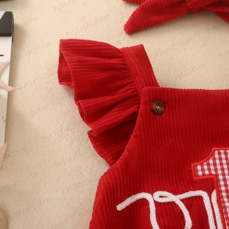 1 ONE Baby Girl Ribbed Corduroy Ruffle Suspender Birthday Bodysuit With Bow Headband - image 4