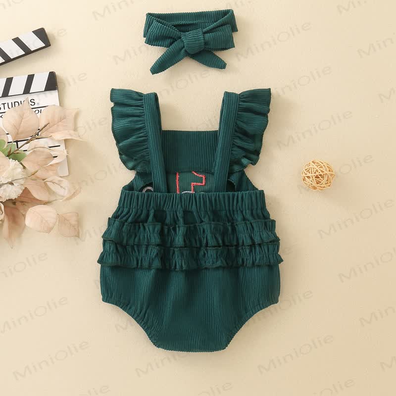 1 ONE Baby Girl Ribbed Corduroy Ruffle Suspender Birthday Bodysuit With Bow Headband - image 7