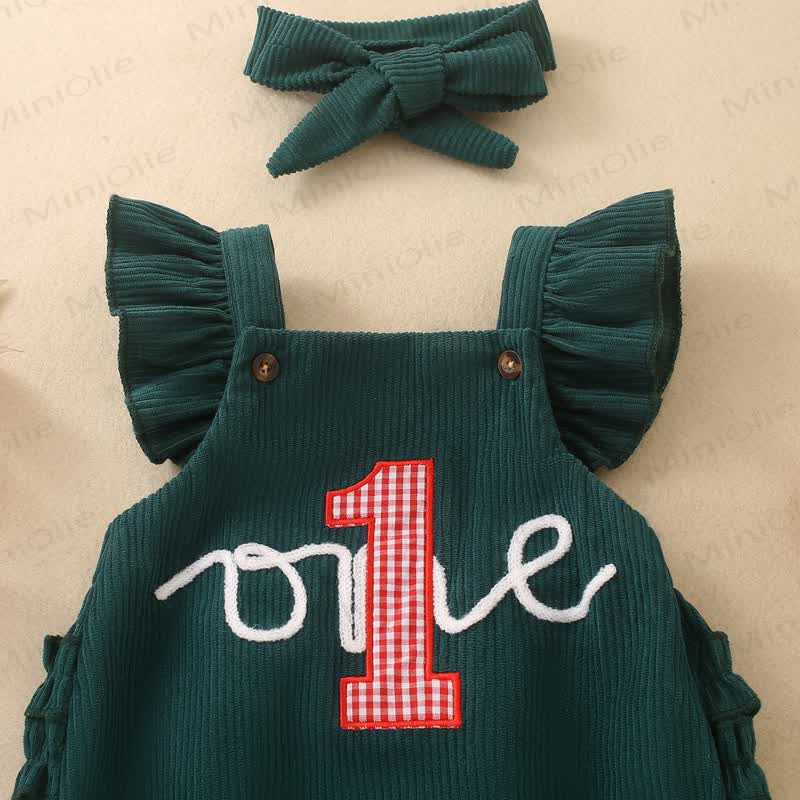1 ONE Baby Girl Ribbed Corduroy Ruffle Suspender Birthday Bodysuit With Bow Headband - image 8