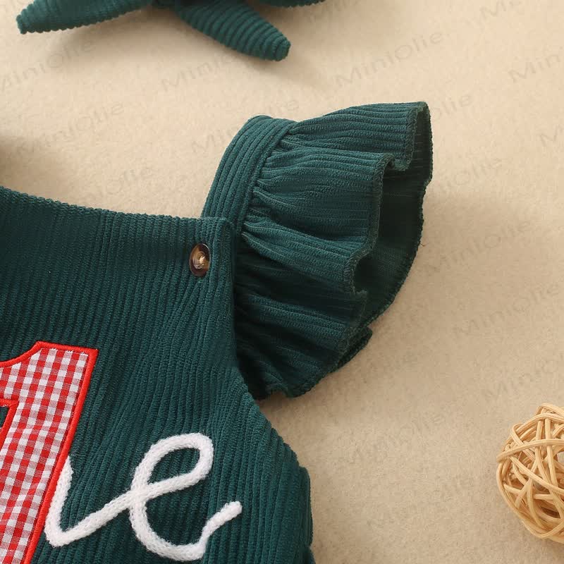 1 ONE Baby Girl Ribbed Corduroy Ruffle Suspender Birthday Bodysuit With Bow Headband - image 9