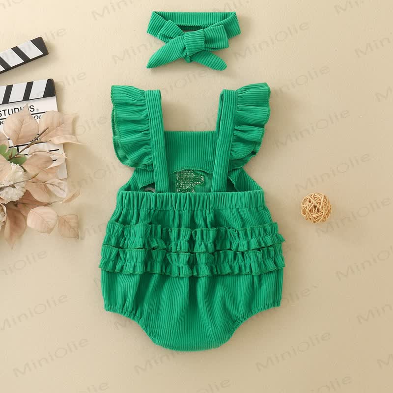 1 ONE Baby Girl Ribbed Corduroy Ruffle Suspender Birthday Bodysuit With Bow Headband - image 12