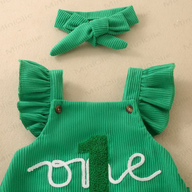 1 ONE Baby Girl Ribbed Corduroy Ruffle Suspender Birthday Bodysuit With Bow Headband - image 13