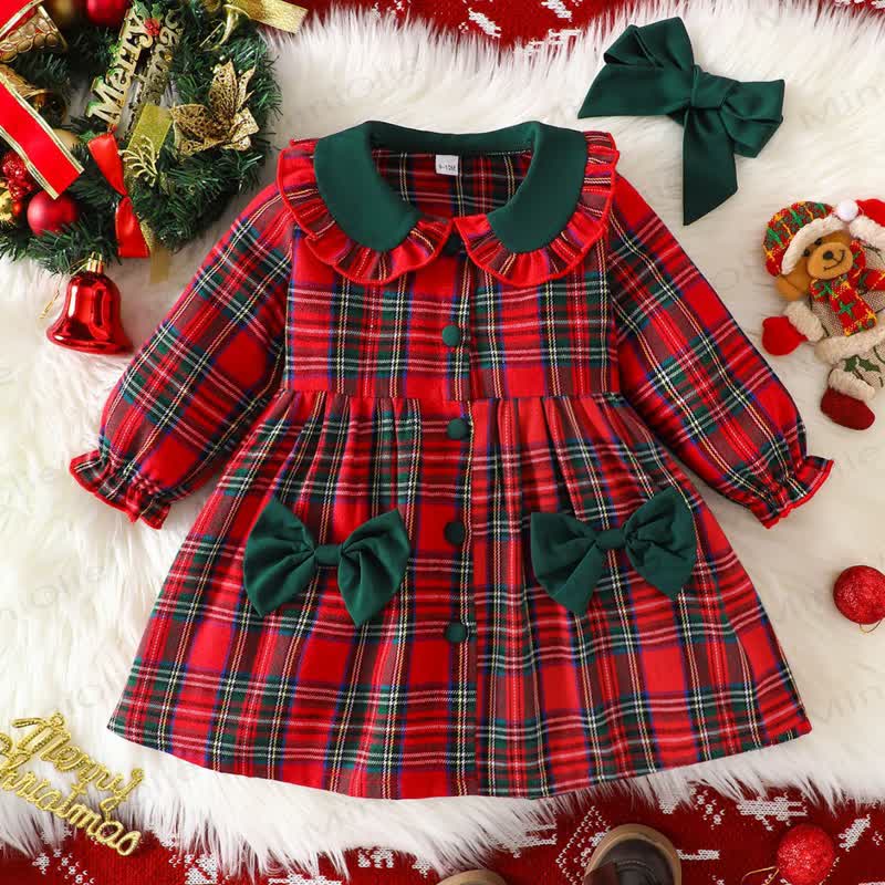 Baby Girl Christmas Bow Check Ruffle Collar Dress - image 1