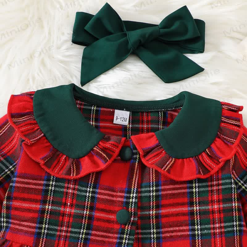 Baby Girl Christmas Bow Check Ruffle Collar Dress - image 3