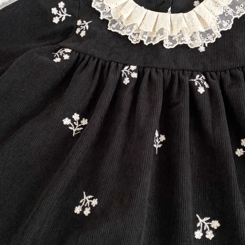 Toddler Girl Black Floral Lace Collar Corduroy Dress - image 6