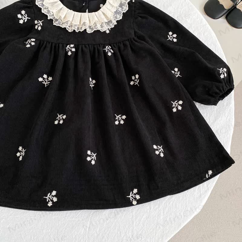 Toddler Girl Black Floral Lace Collar Corduroy Dress - image 5