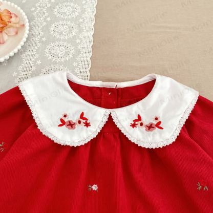 Toddler Girl Christmas Corduroy Floral Collar Red Dress - image 5