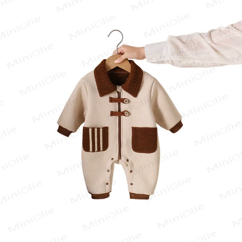 Baby Colorblock Bear Ear Hooded Plush Fleece Romper - Beige - 18-24M - image 4