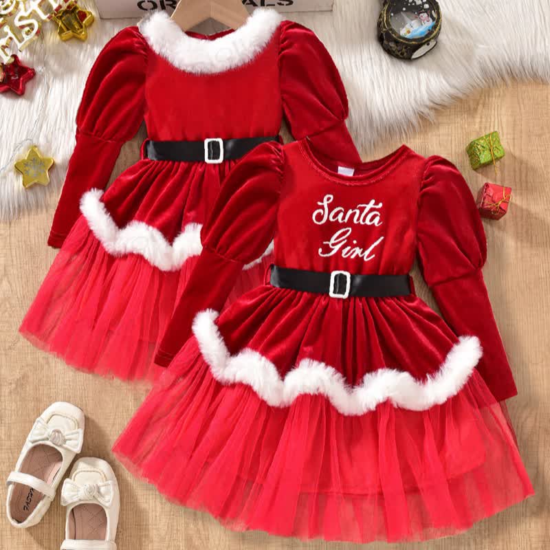 Toddler Girl Red Velvet Tulle Christmas Dress - Red (With Slogan) - 5Y - image 2